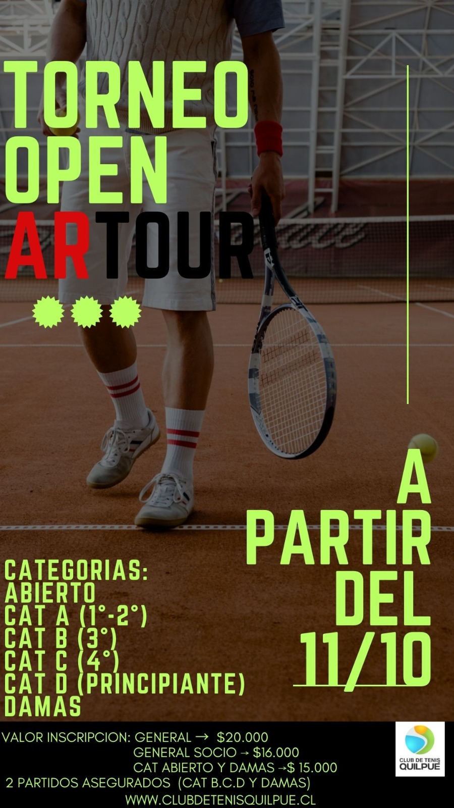 CATEGORIAS A JUGAR: ABIERTO -CAT A ( 1°-2°)- CAT B ( 3°)- CAT C (4°)- CAT D ( PRINCIPIANTES) - DAMAS
CATEGORIA ABRIERTA REPARTE $ 60.000 AL CAMPEON
2 PARTIDOS ASEGURADOS PARA LAS CATEGORIAS B -C - D - DAMAS
VALOR INSCRIPCION: $20.000 GENERAL 
                                        $16.000 GENERAL SOCIOS
                                        $15.000 ABIERTO Y DAMAS 
2 PARTIDOS ASEGURADOS EN LAS CATEGORIAS B-C-D-DAMAS